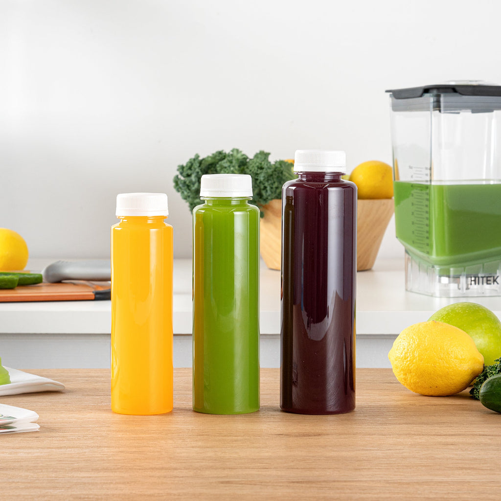 Bottle Tek 10 Round Clear 12 oz Plastic Juice Bottles with Safety Caps - Includes 10 Labels, 1 Funnel and 1 Cleaning Brush