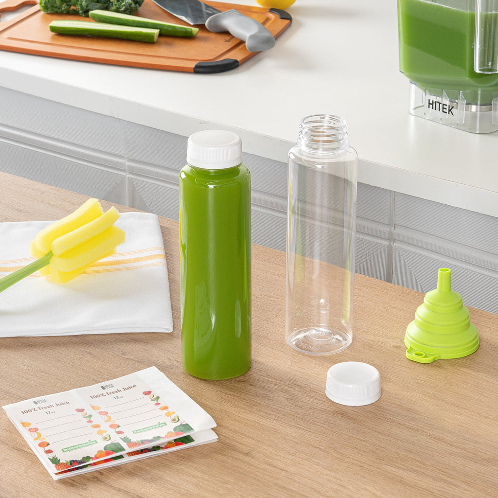 Bottle Tek 100 Round Clear 12 oz Plastic Juice Bottles with Safety Caps - Includes 100 Labels, 10 Funnels and 10 Cleaning Brushes