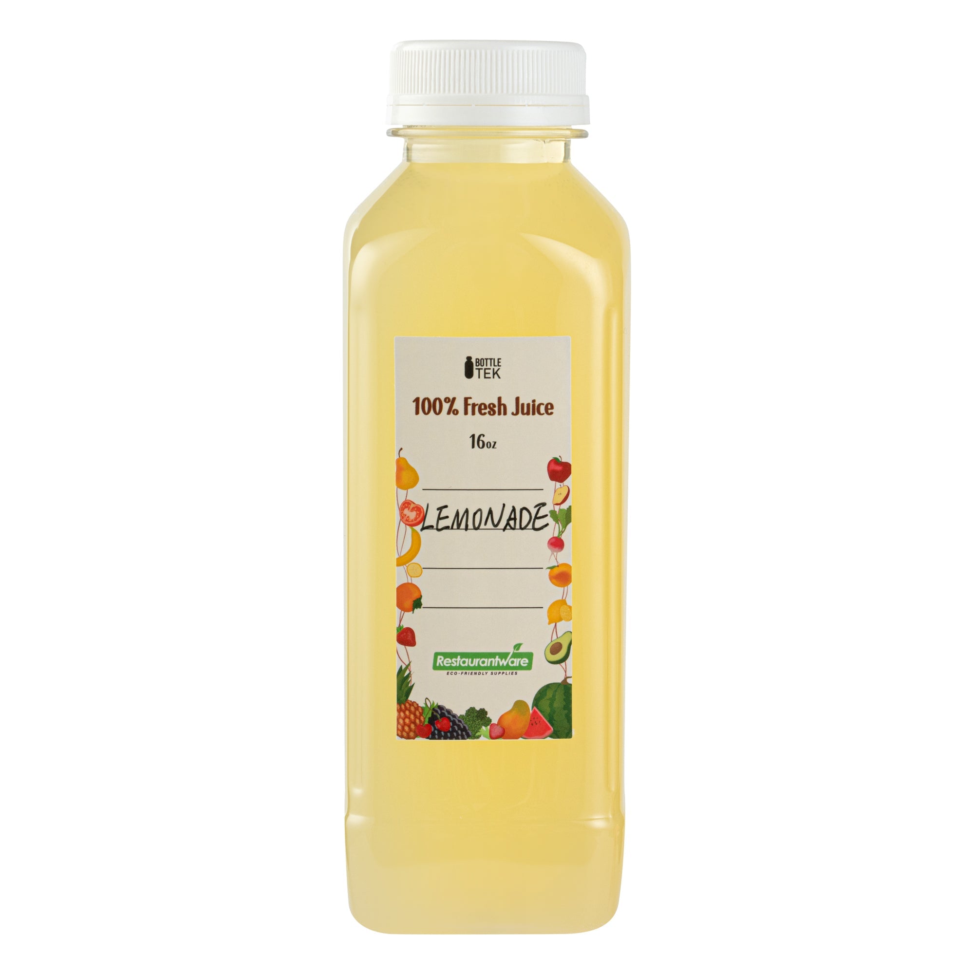 Bottle Tek 10 Square Clear 16 oz Plastic Juice Bottles with Safety Caps - Includes 10 Labels, 1 Funnel and 1 Cleaning Brush