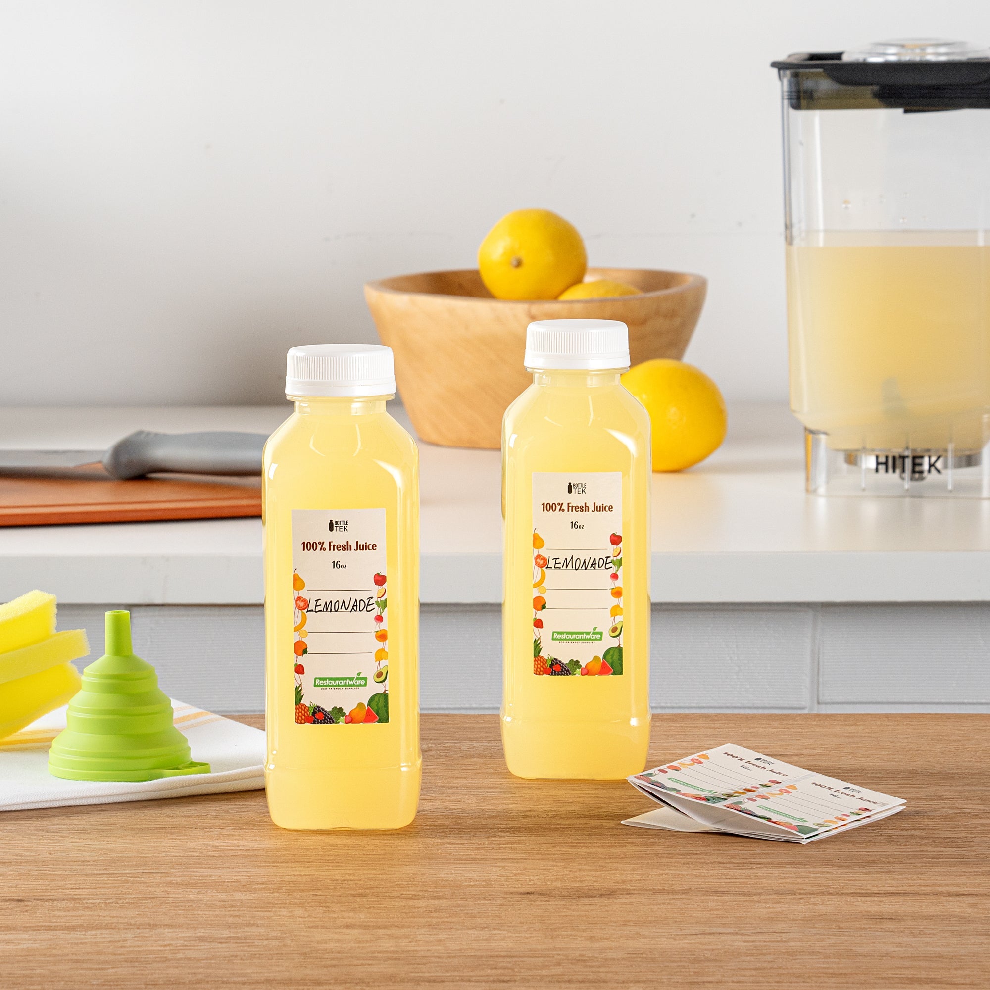Bottle Tek 10 Square Clear 16 oz Plastic Juice Bottles with Safety Caps - Includes 10 Labels, 1 Funnel and 1 Cleaning Brush