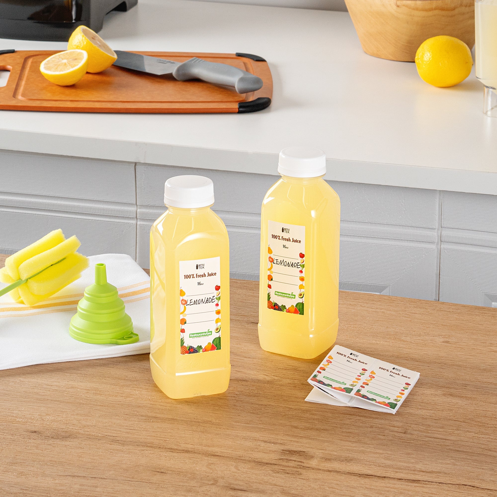Bottle Tek 10 Square Clear 16 oz Plastic Juice Bottles with Safety Caps - Includes 10 Labels, 1 Funnel and 1 Cleaning Brush