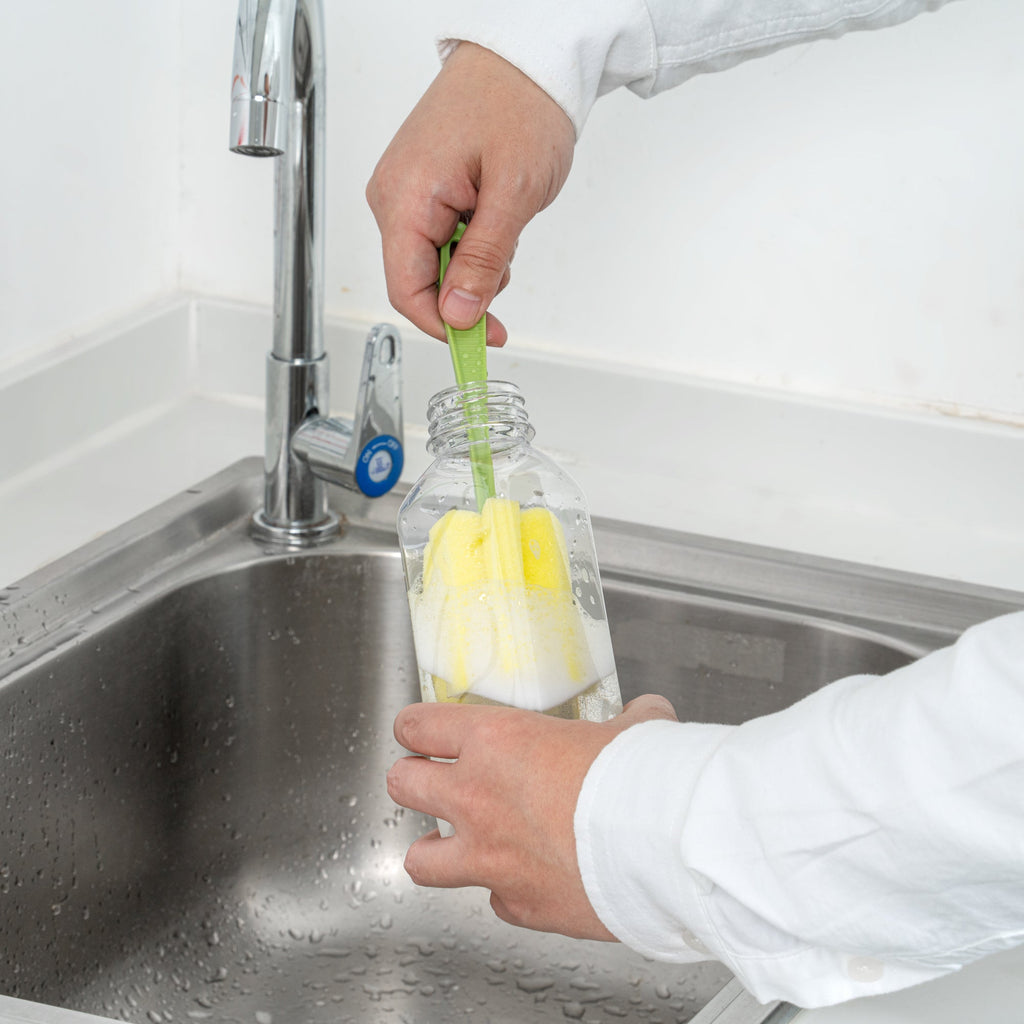 Bottle Tek 10 Square Clear 16 oz Plastic Juice Bottles with Safety Caps - Includes 10 Labels, 1 Funnel and 1 Cleaning Brush