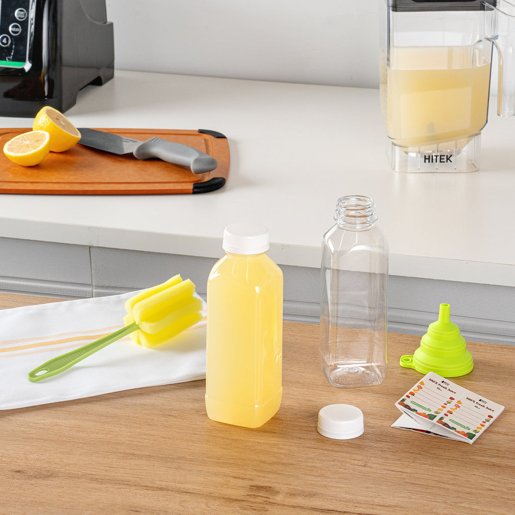 Bottle Tek 10 Square Clear 16 oz Plastic Juice Bottles with Safety Caps - Includes 10 Labels, 1 Funnel and 1 Cleaning Brush