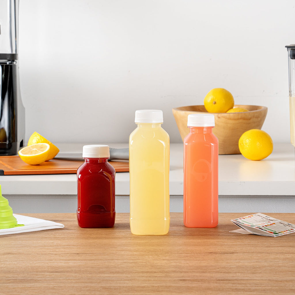 Bottle Tek 10 Square Clear 16 oz Plastic Juice Bottles with Safety Caps - Includes 10 Labels, 1 Funnel and 1 Cleaning Brush