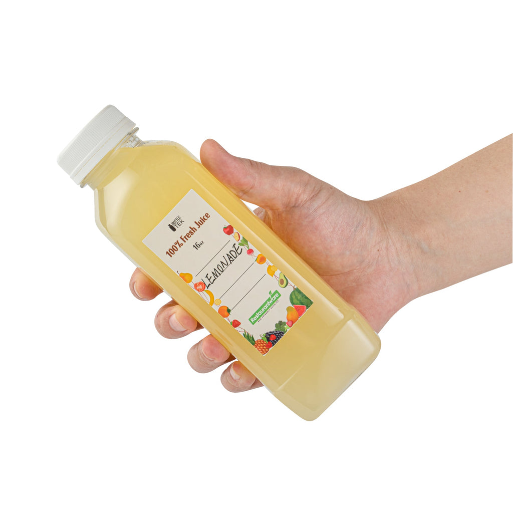 Bottle Tek 100 Square Clear 16 oz Plastic Juice Bottles with Safety Caps - Includes 100 Labels, 10 Funnels and 10 Cleaning Brushes