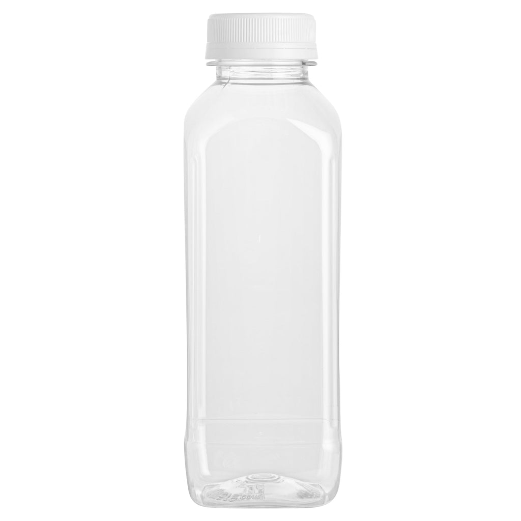 Bottle Tek 100 Square Clear 16 oz Plastic Juice Bottles with Safety Caps - Includes 100 Labels, 10 Funnels and 10 Cleaning Brushes