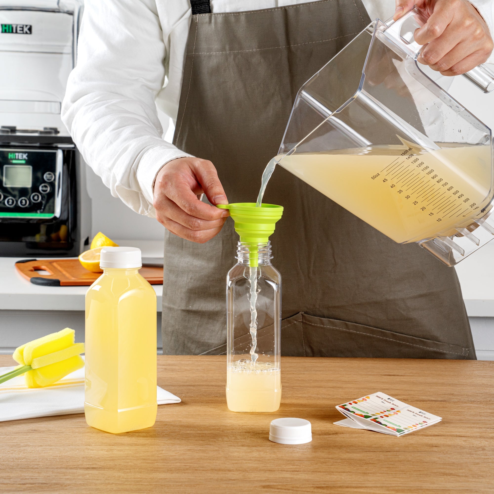 Bottle Tek 100 Square Clear 16 oz Plastic Juice Bottles with Safety Caps - Includes 100 Labels, 10 Funnels and 10 Cleaning Brushes