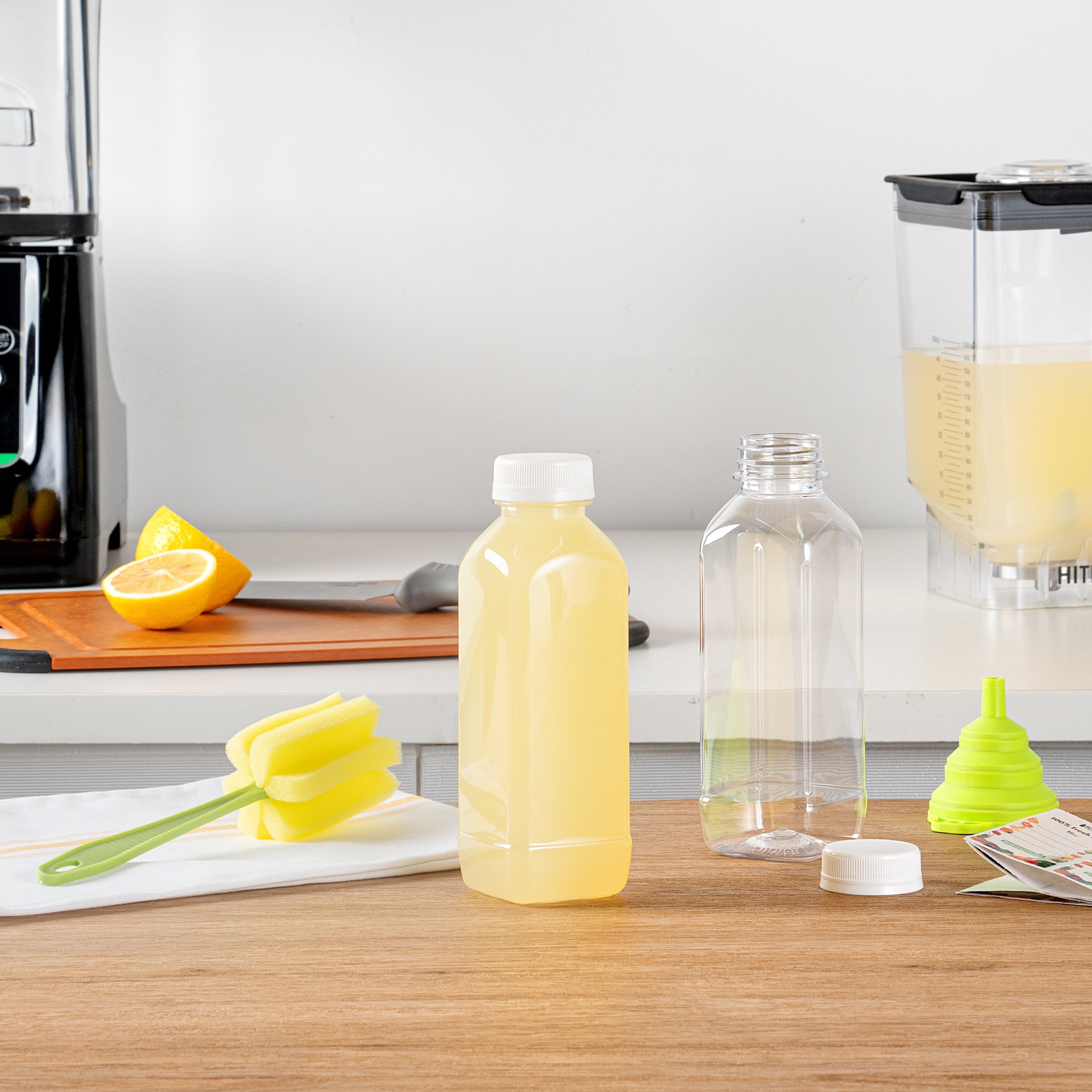 Bottle Tek 100 Square Clear 16 oz Plastic Juice Bottles with Safety Caps - Includes 100 Labels, 10 Funnels and 10 Cleaning Brushes