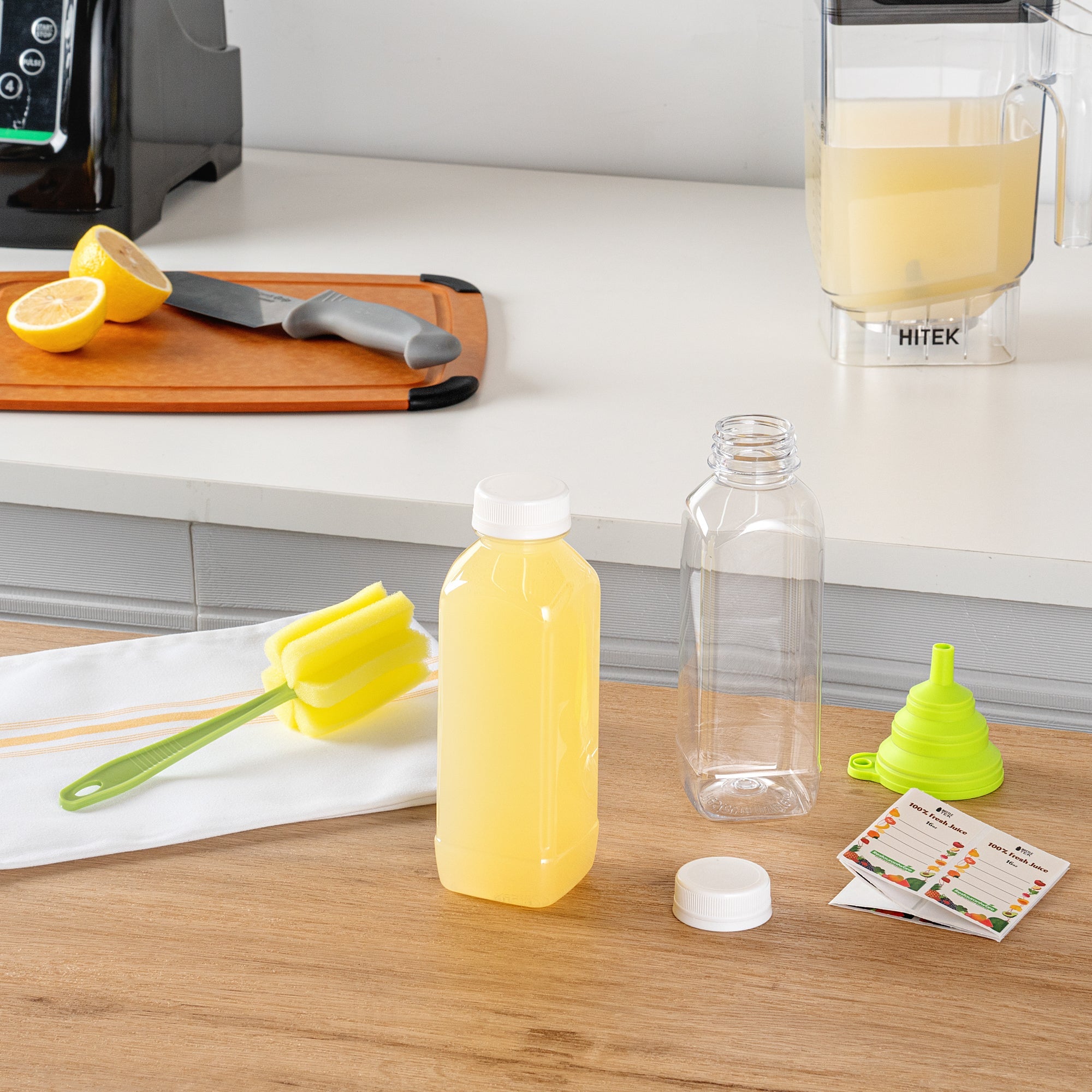 Bottle Tek 100 Square Clear 16 oz Plastic Juice Bottles with Safety Caps - Includes 100 Labels, 10 Funnels and 10 Cleaning Brushes