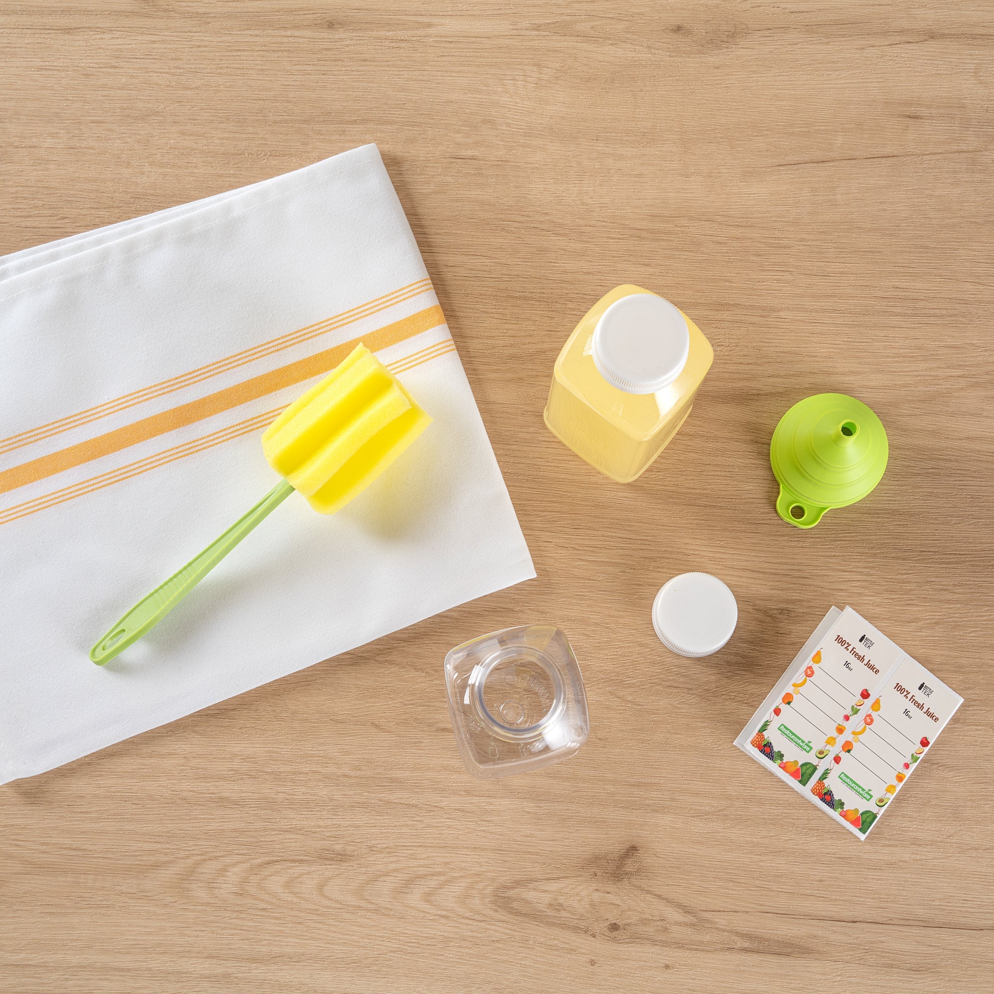 Bottle Tek 100 Square Clear 16 oz Plastic Juice Bottles with Safety Caps - Includes 100 Labels, 10 Funnels and 10 Cleaning Brushes
