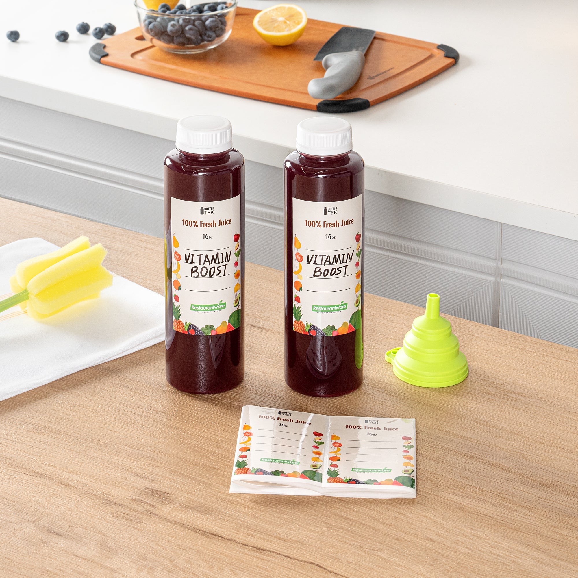 Bottle Tek 10 Round Clear 16 oz Plastic Juice Bottles with Safety Caps - Includes 10 Labels, 1 Funnel and 1 Cleaning Brush