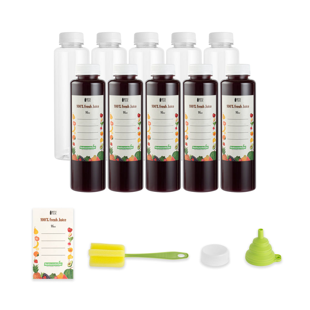 Bottle Tek 100 Round Clear 16 oz Plastic Juice Bottles with Safety Caps - Includes 100 Labels, 10 Funnels and 10 Cleaning Brushes