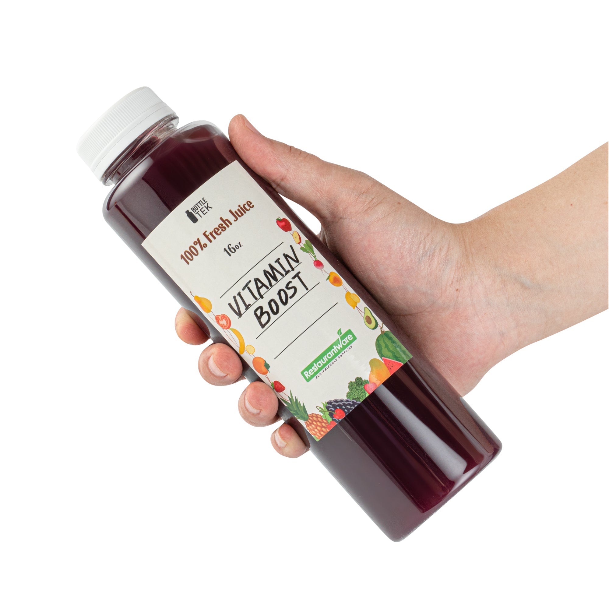 Bottle Tek 100 Round Clear 16 oz Plastic Juice Bottles with Safety Caps - Includes 100 Labels, 10 Funnels and 10 Cleaning Brushes