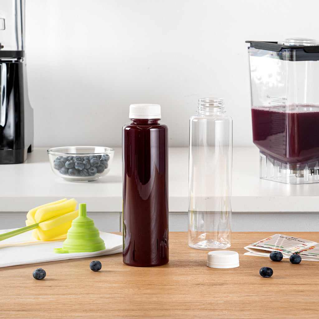Bottle Tek 100 Round Clear 16 oz Plastic Juice Bottles with Safety Caps - Includes 100 Labels, 10 Funnels and 10 Cleaning Brushes