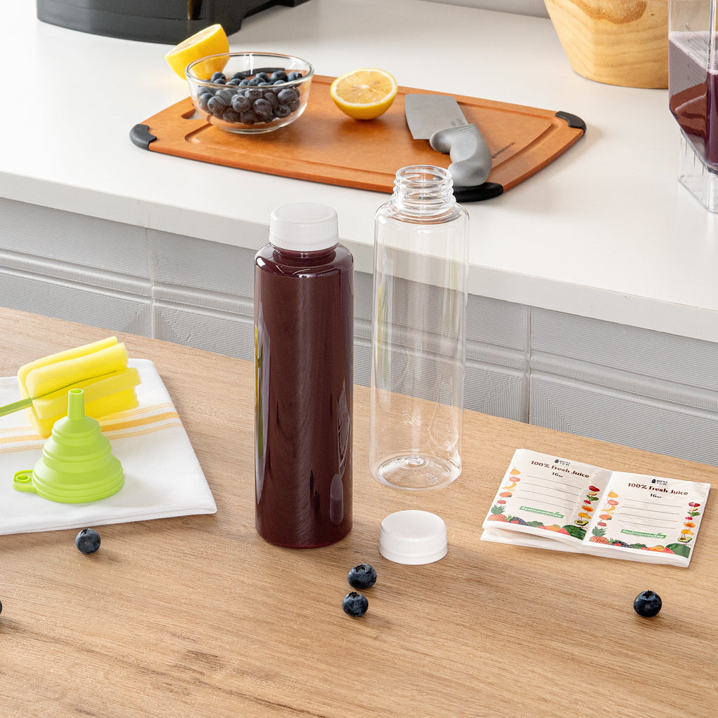 Bottle Tek 100 Round Clear 16 oz Plastic Juice Bottles with Safety Caps - Includes 100 Labels, 10 Funnels and 10 Cleaning Brushes