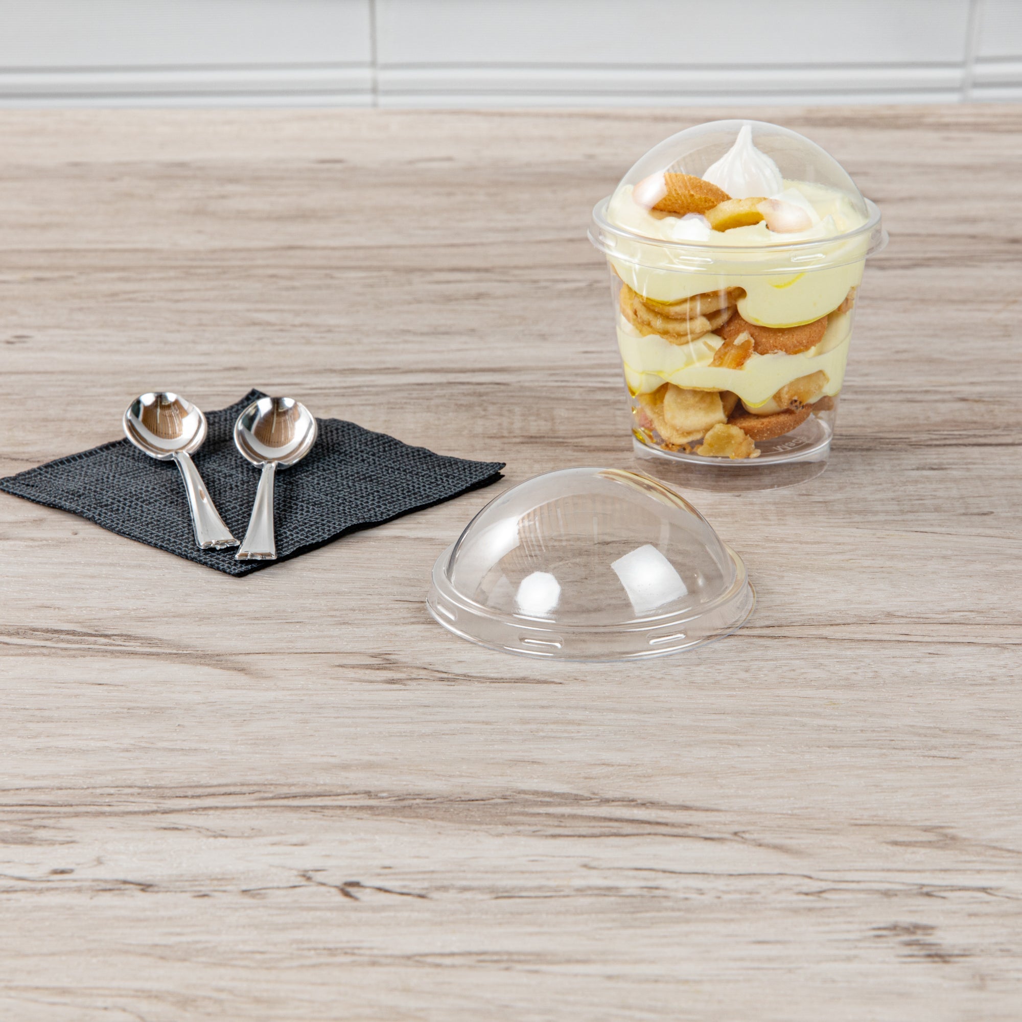 Mini Serve Round Clear Plastic Dome Lid - Fits 6 oz Dessert Cup - 25 count box