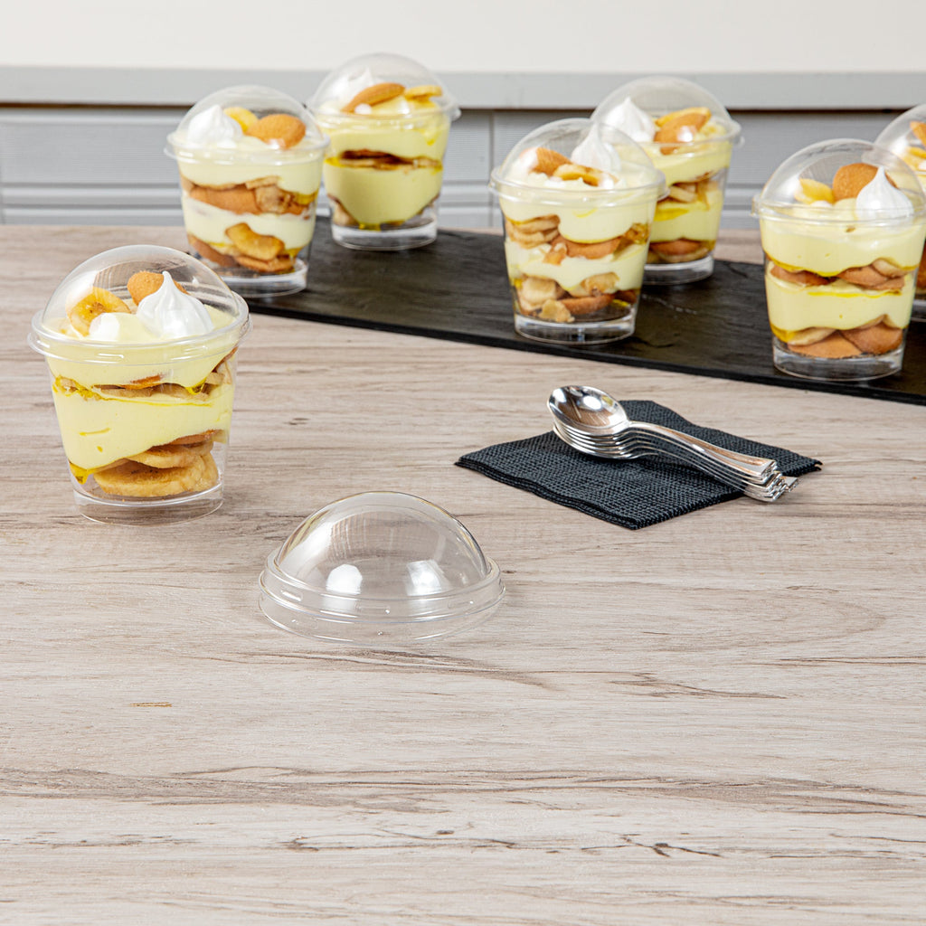 Mini Serve Round Clear Plastic Dome Lid - Fits 6 oz Dessert Cup - 25 count box