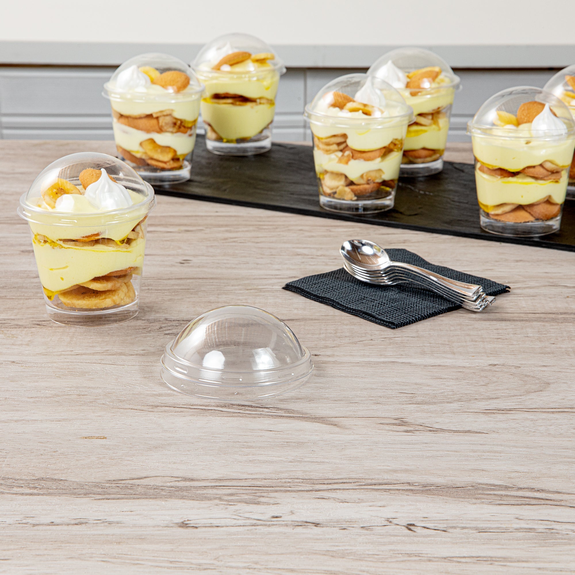 Mini Serve Round Clear Plastic Dome Lid - Fits 6 oz Dessert Cup - 25 count box