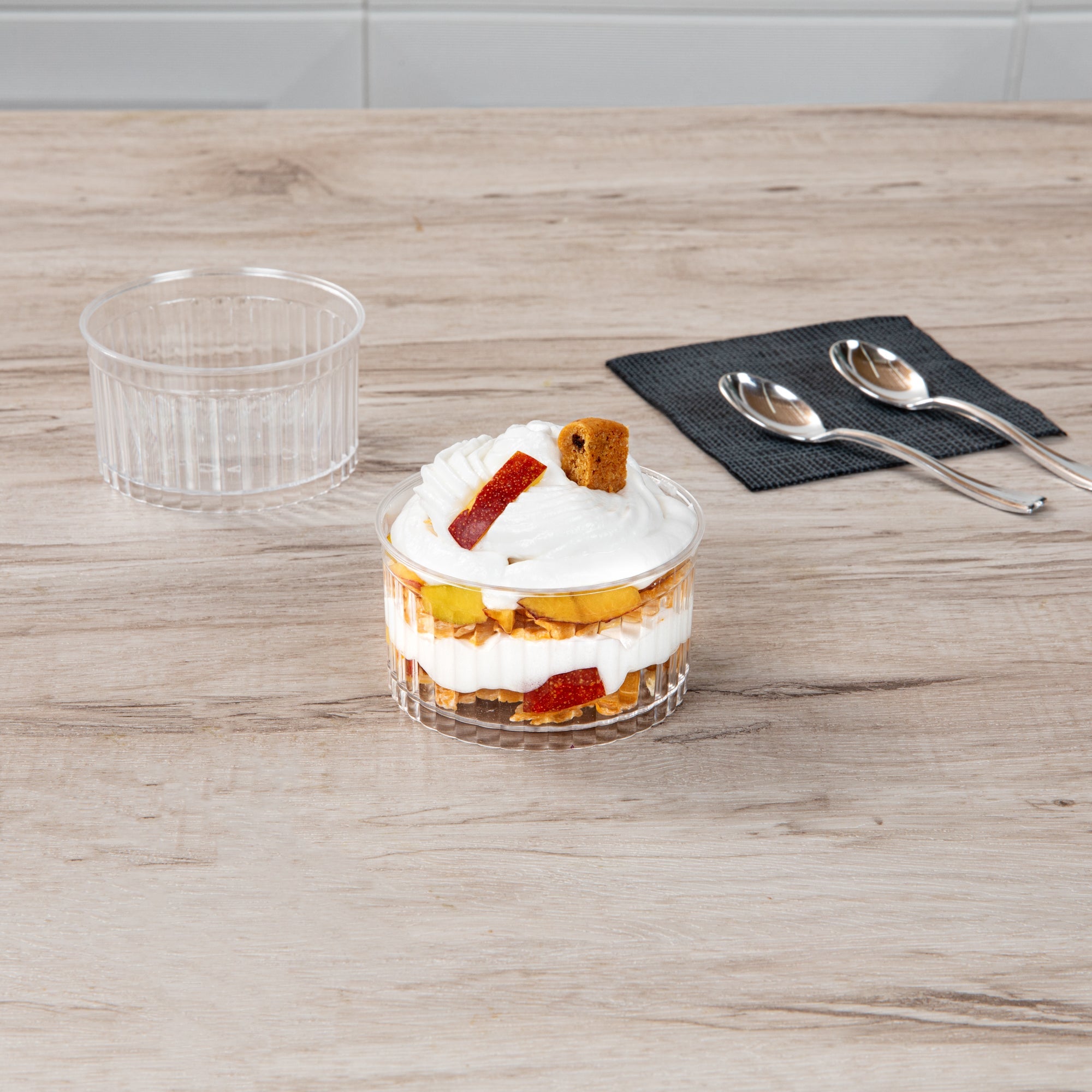 Mini Serve 4 oz Round Clear Plastic Dessert Cup - Fluted - 3'' x 3'' x 1 1/2'' - 25 count box