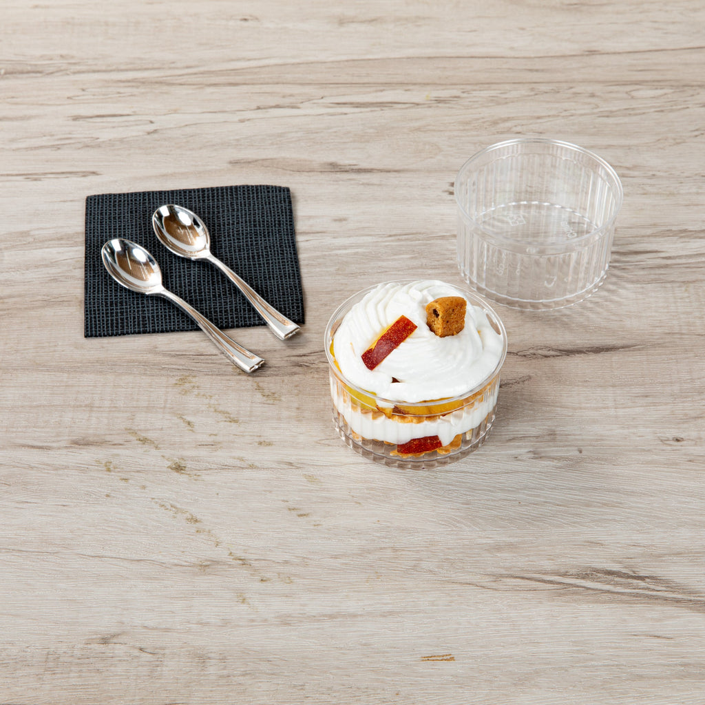 Mini Serve 4 oz Round Clear Plastic Dessert Cup - Fluted - 3'' x 3'' x 1 1/2'' - 100 count box