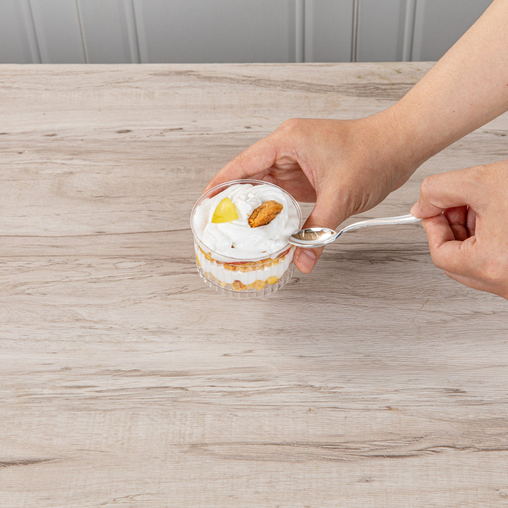 Mini Serve 4 oz Round Clear Plastic Dessert Cup - Fluted - 3'' x 3'' x 1 1/2'' - 100 count box
