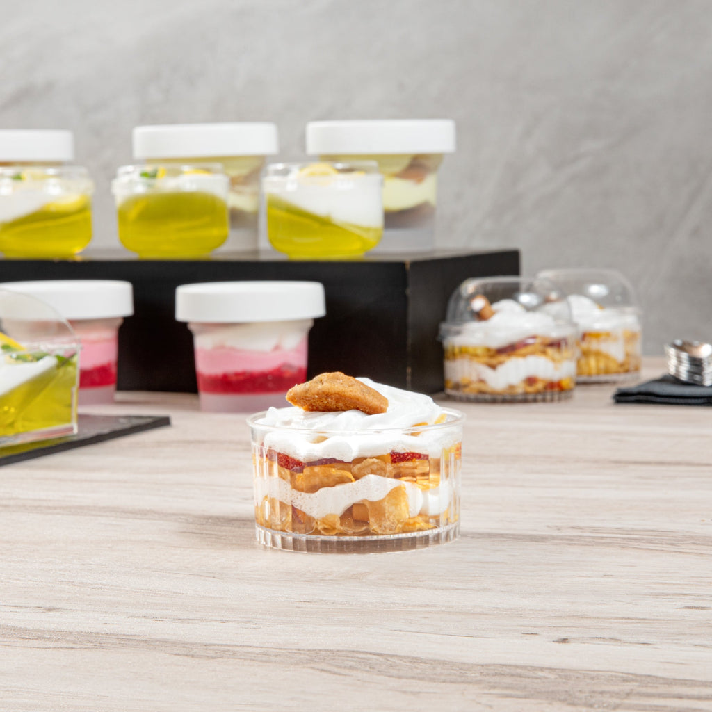 Mini Serve 4 oz Round Clear Plastic Dessert Cup - Fluted - 3'' x 3'' x 1 1/2'' - 100 count box