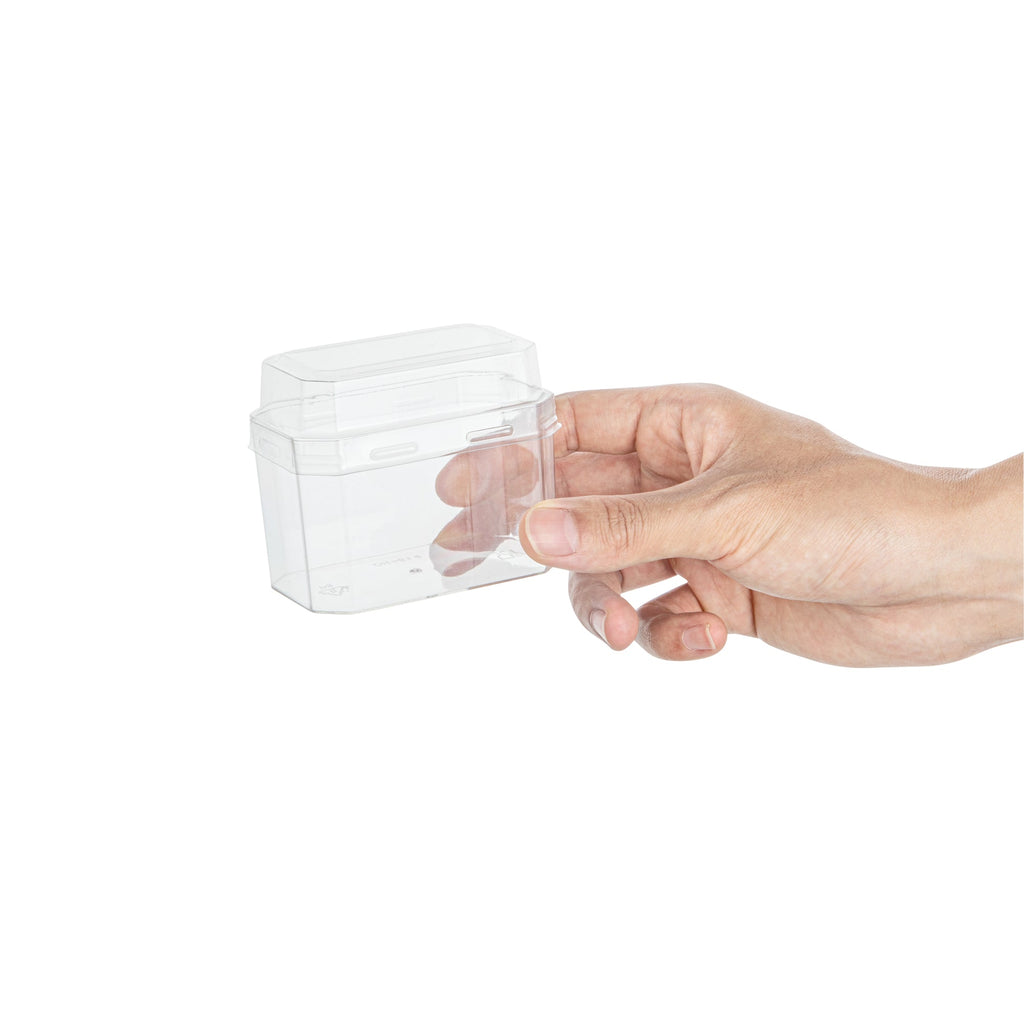 Mini Serve 3 oz Rectangle Clear Plastic Dessert Cup - with Lid - 3 1/4'' x 2'' x 2'' - 25 count box