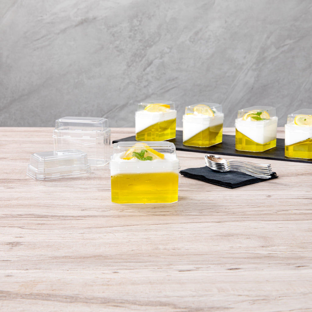 Mini Serve 3 oz Rectangle Clear Plastic Dessert Cup - with Lid - 3 1/4'' x 2'' x 2'' - 25 count box
