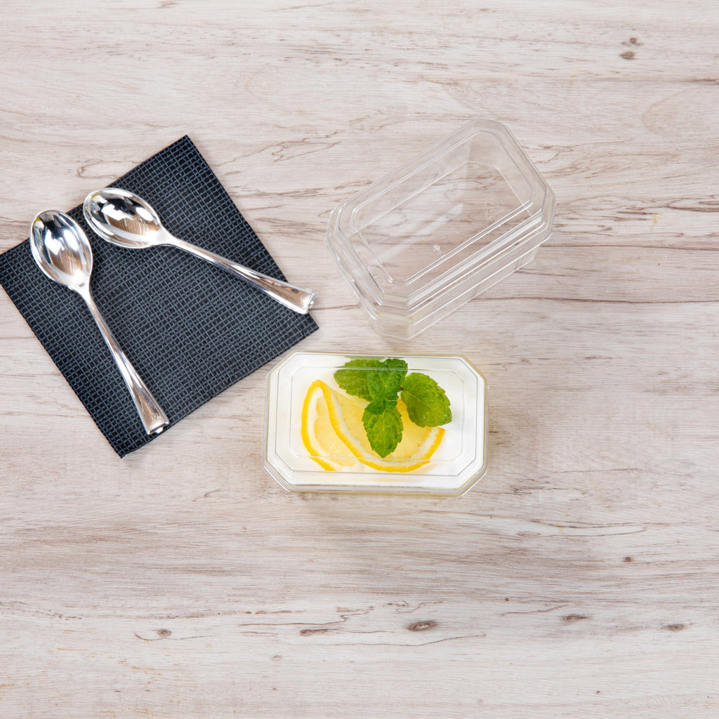 Mini Serve 3 oz Rectangle Clear Plastic Dessert Cup - with Lid - 3 1/4'' x 2'' x 2'' - 100 count box
