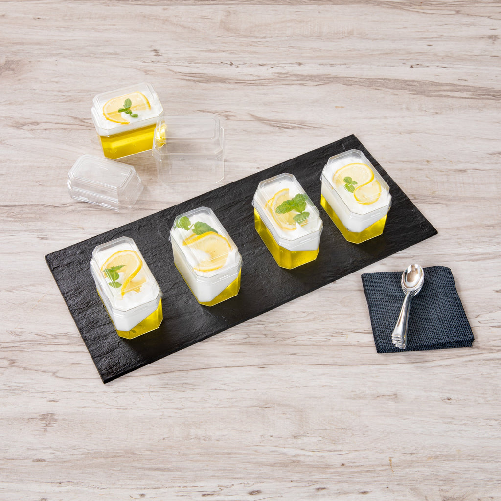 Mini Serve 3 oz Rectangle Clear Plastic Dessert Cup - with Lid - 3 1/4'' x 2'' x 2'' - 100 count box