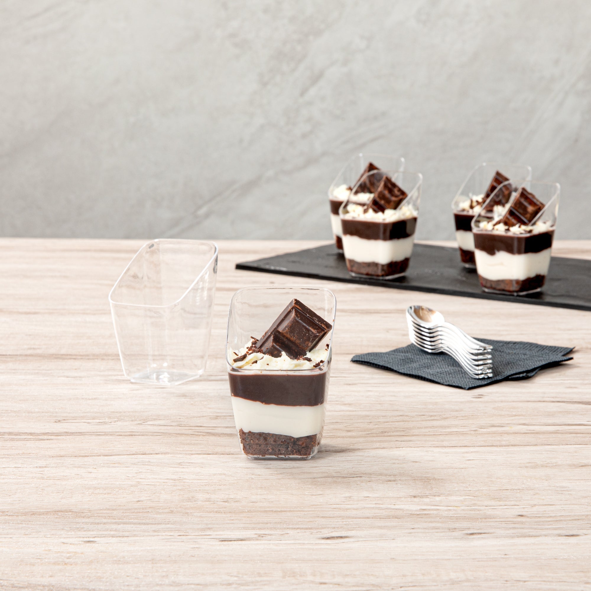 Mini Serve 2 oz Square Clear Plastic Dessert Cup Slanted - 2 1/4'' x 2 1/4'' x 3'' - 25 count box