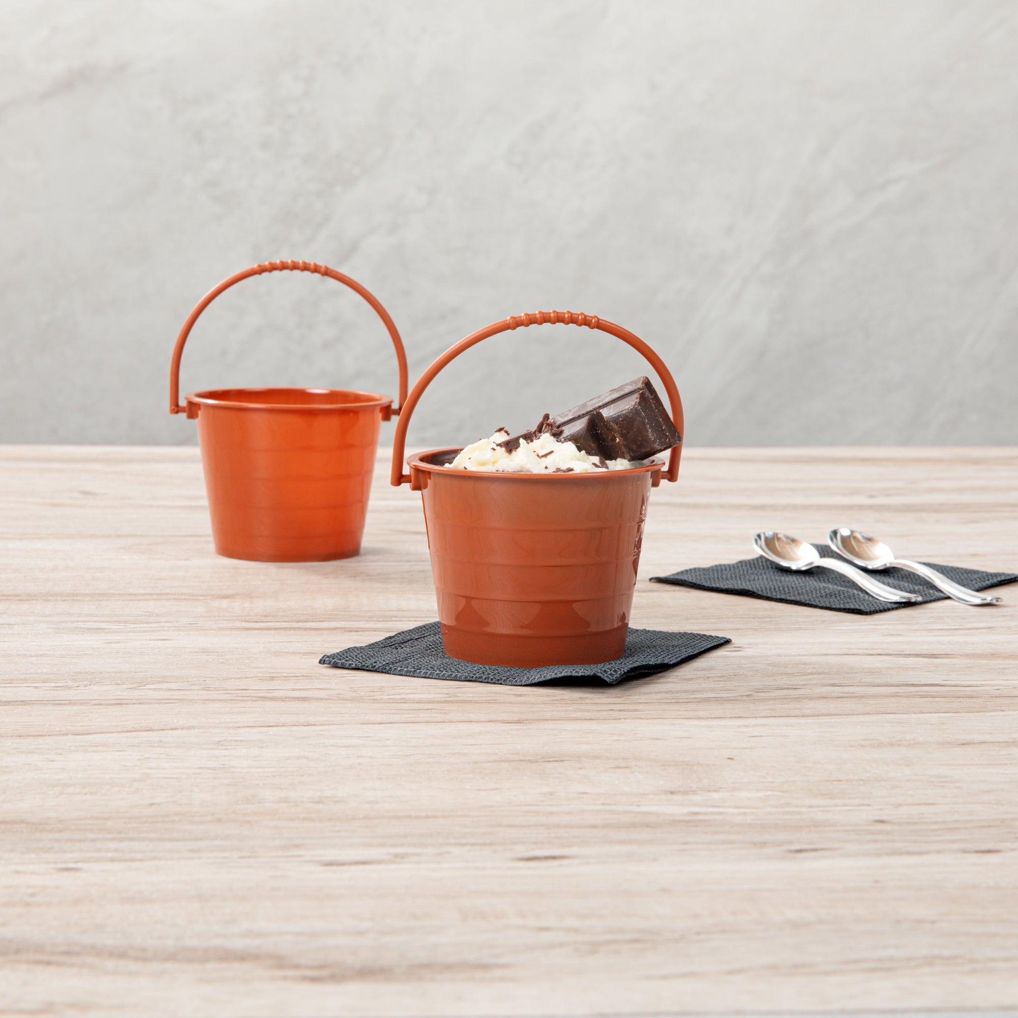 Mini Serve 2 oz Round Brown Plastic Dessert Bucket Cup - 3 1/4'' x 3 1/4'' x 2 1/4'' - 25 count box