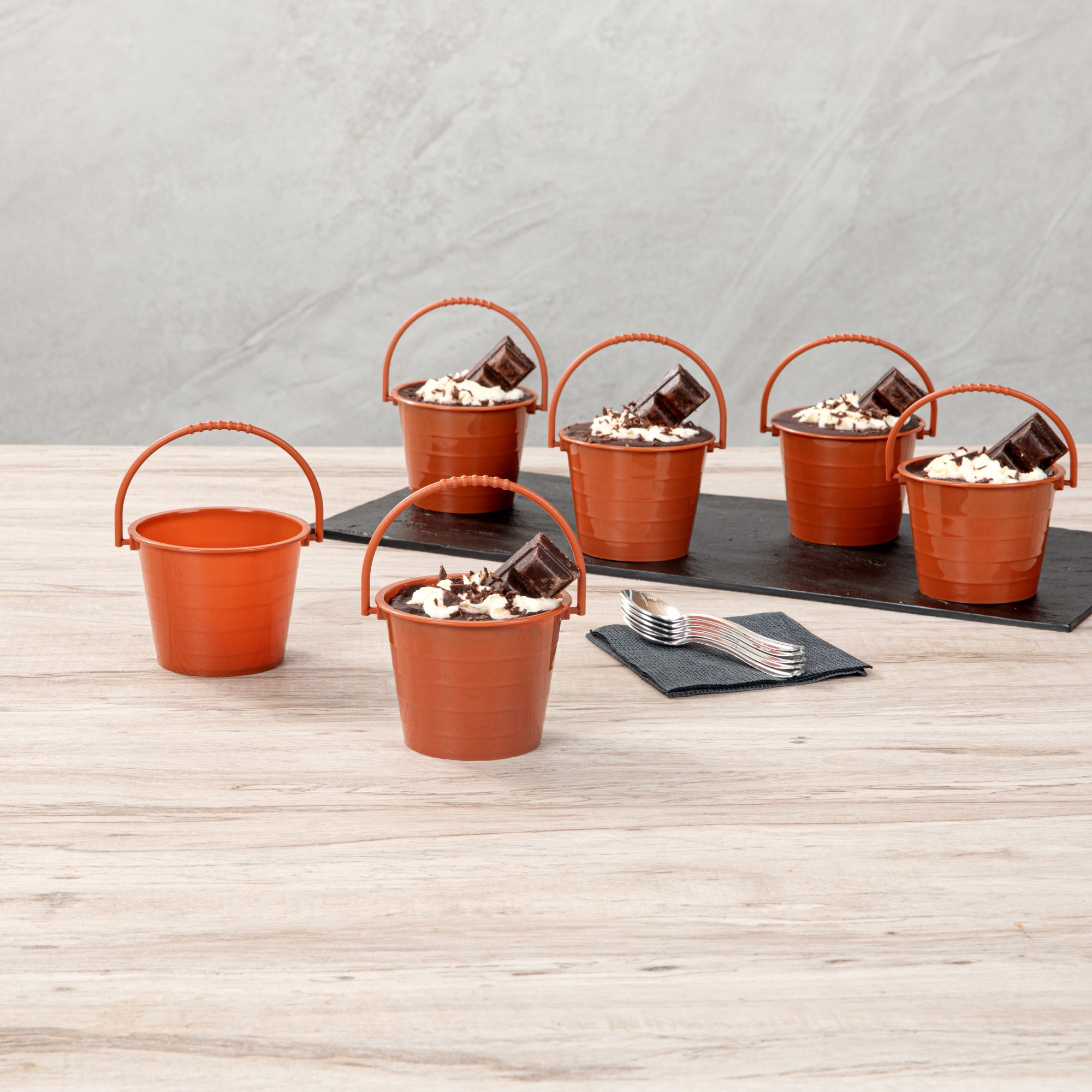 Mini Serve 2 oz Round Brown Plastic Dessert Bucket Cup - 3 1/4'' x 3 1/4'' x 2 1/4'' - 25 count box