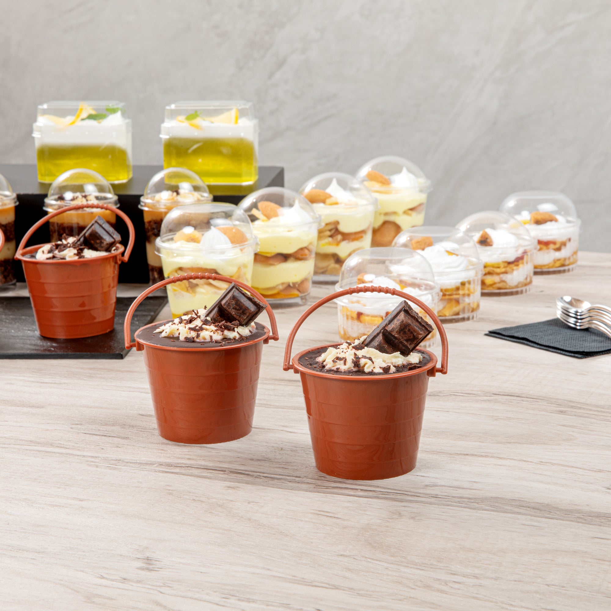 Mini Serve 2 oz Round Brown Plastic Dessert Bucket Cup - 3 1/4'' x 3 1/4'' x 2 1/4'' - 25 count box