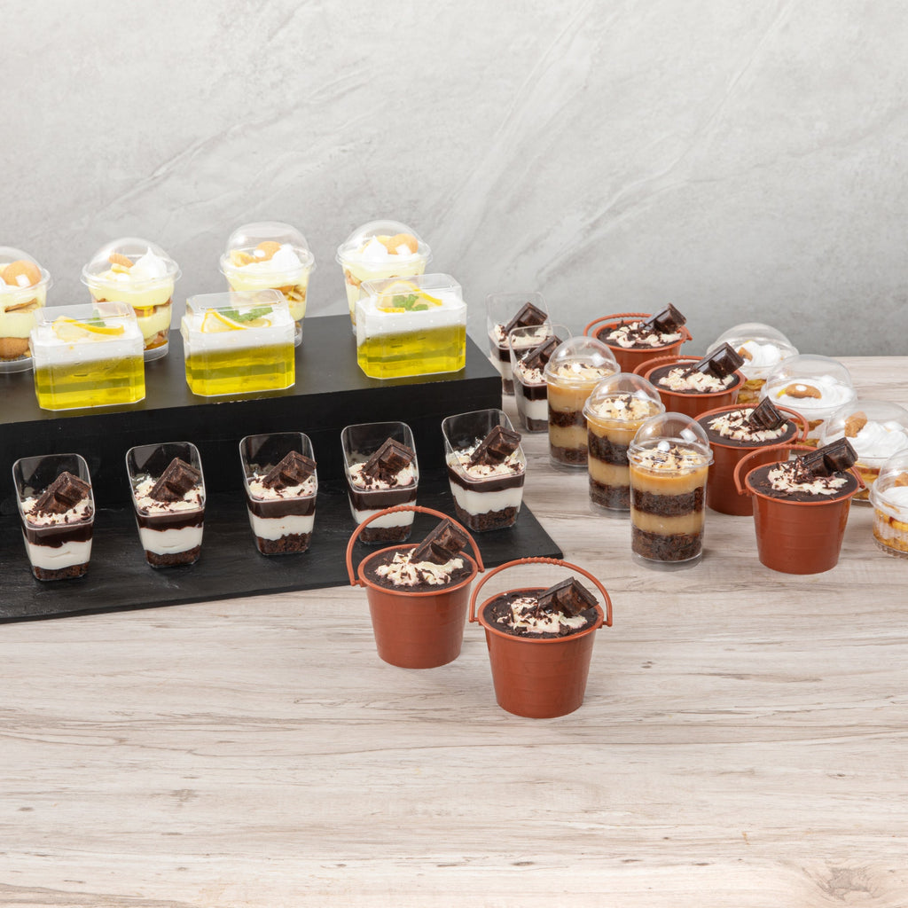 Mini Serve 2 oz Round Brown Plastic Dessert Bucket Cup - 3 1/4'' x 3 1/4'' x 2 1/4'' - 25 count box