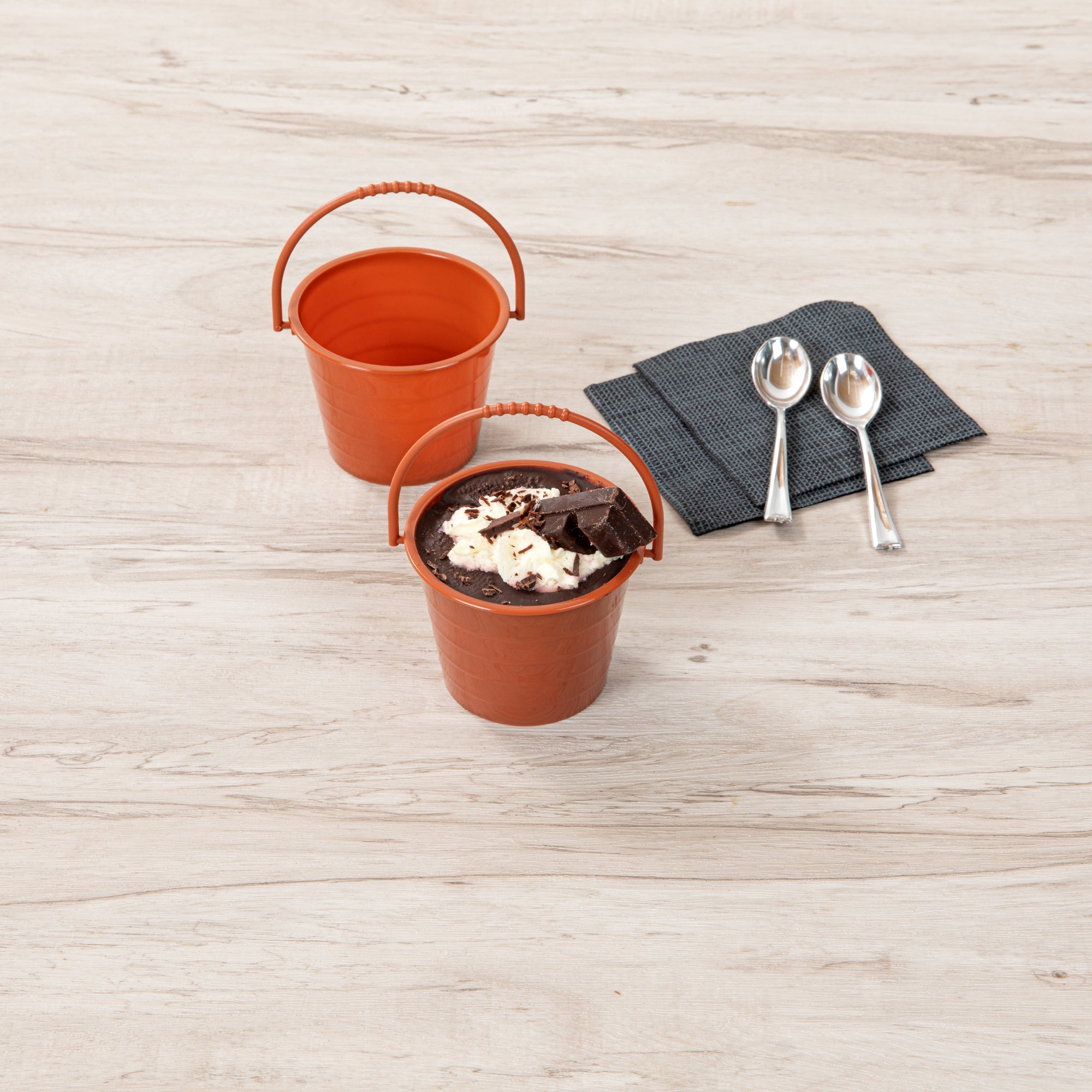 Mini Serve 2 oz Round Brown Plastic Dessert Bucket Cup - 3 1/4'' x 3 1/4'' x 2 1/4'' - 100 count box