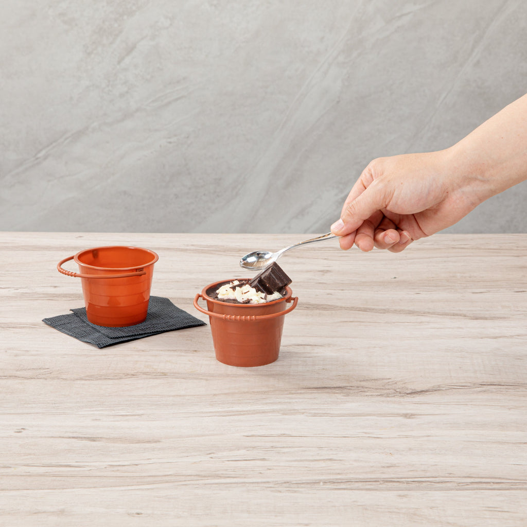 Mini Serve 2 oz Round Brown Plastic Dessert Bucket Cup - 3 1/4'' x 3 1/4'' x 2 1/4'' - 100 count box