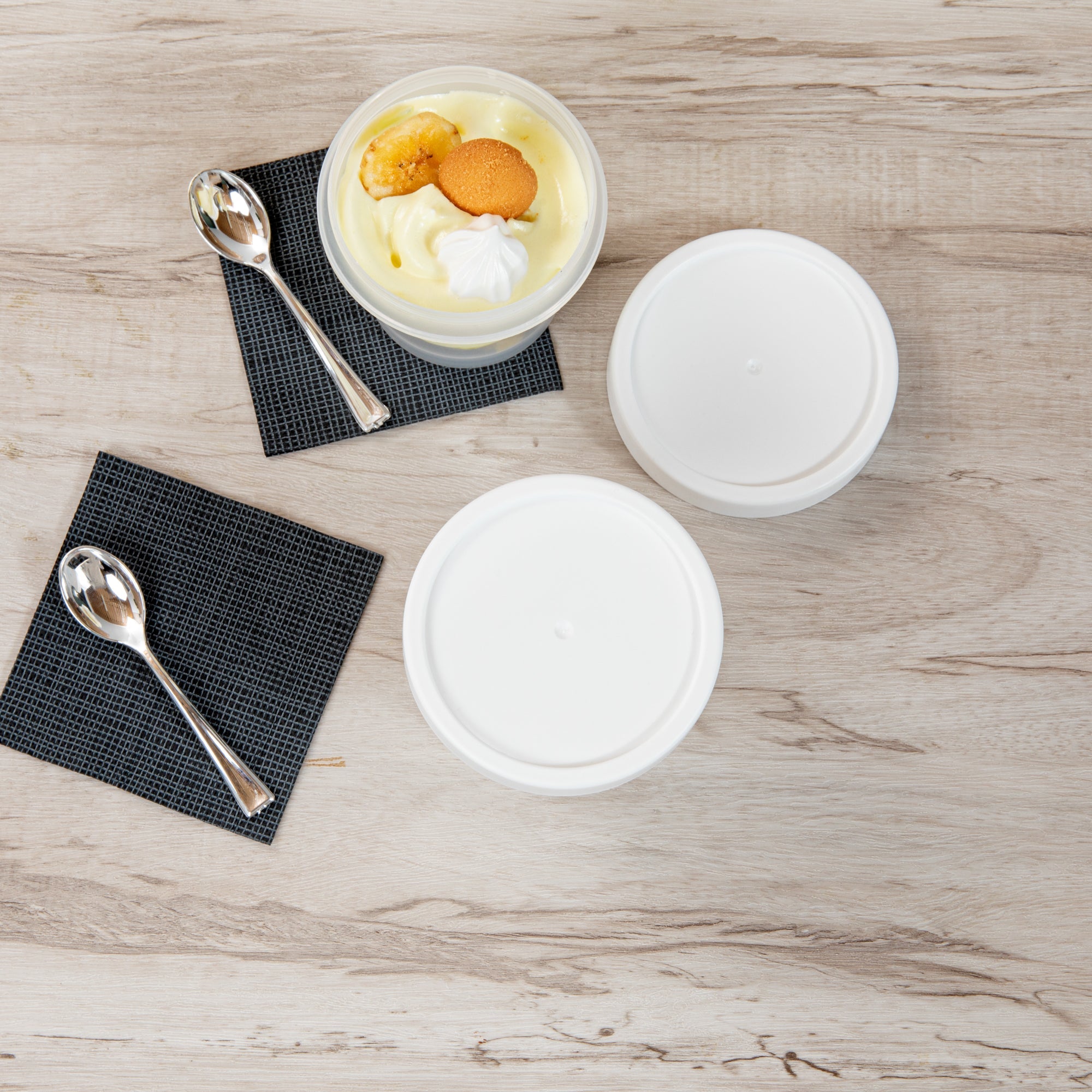 Mini Serve 8 oz Round Clear Plastic Dessert Cup - with Lid - 3 1/2'' x 3 1/2'' x 3'' - 25 count box