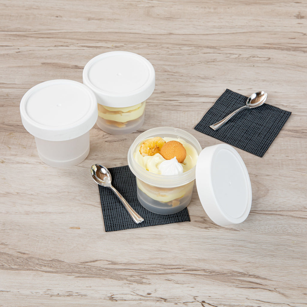 Mini Serve 8 oz Round Clear Plastic Dessert Cup - with Lid - 3 1/2'' x 3 1/2'' x 3'' - 100 count box