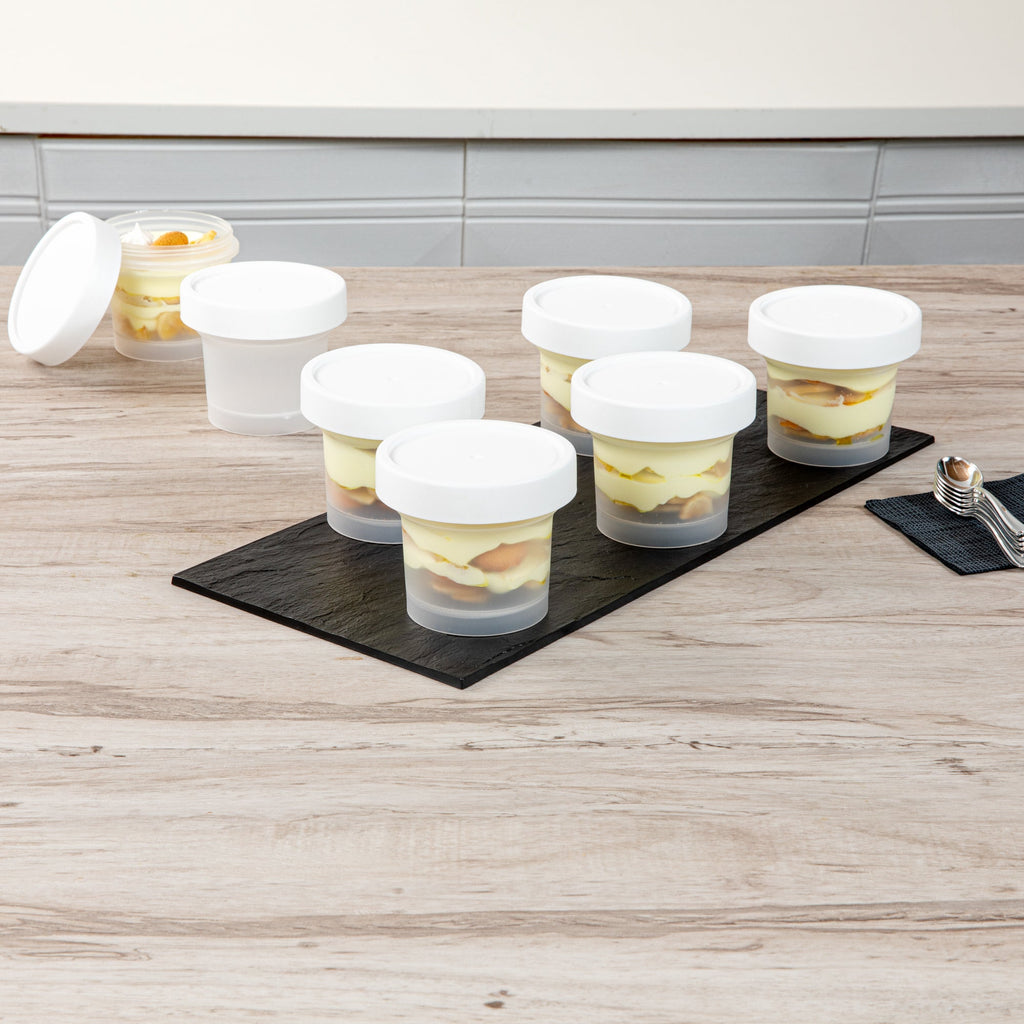 Mini Serve 8 oz Round Clear Plastic Dessert Cup - with Lid - 3 1/2'' x 3 1/2'' x 3'' - 100 count box
