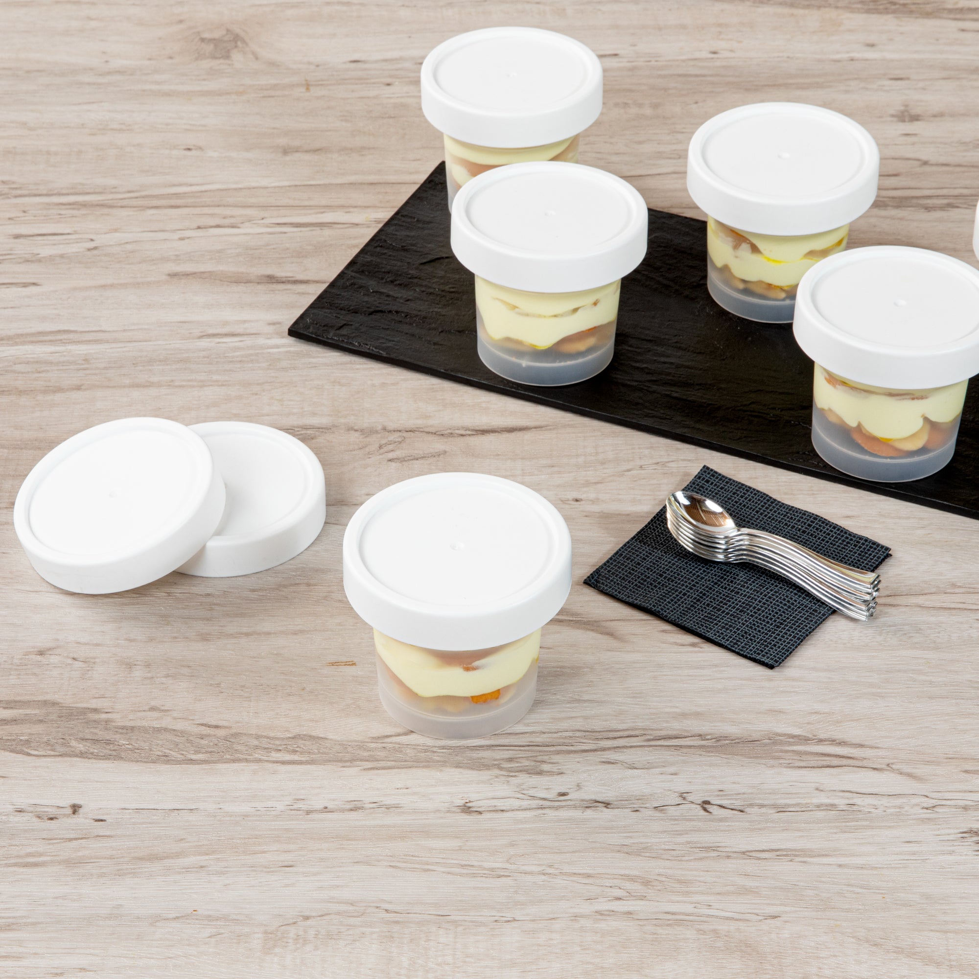 Mini Serve 8 oz Round Clear Plastic Dessert Cup - with Lid - 3 1/2'' x 3 1/2'' x 3'' - 100 count box