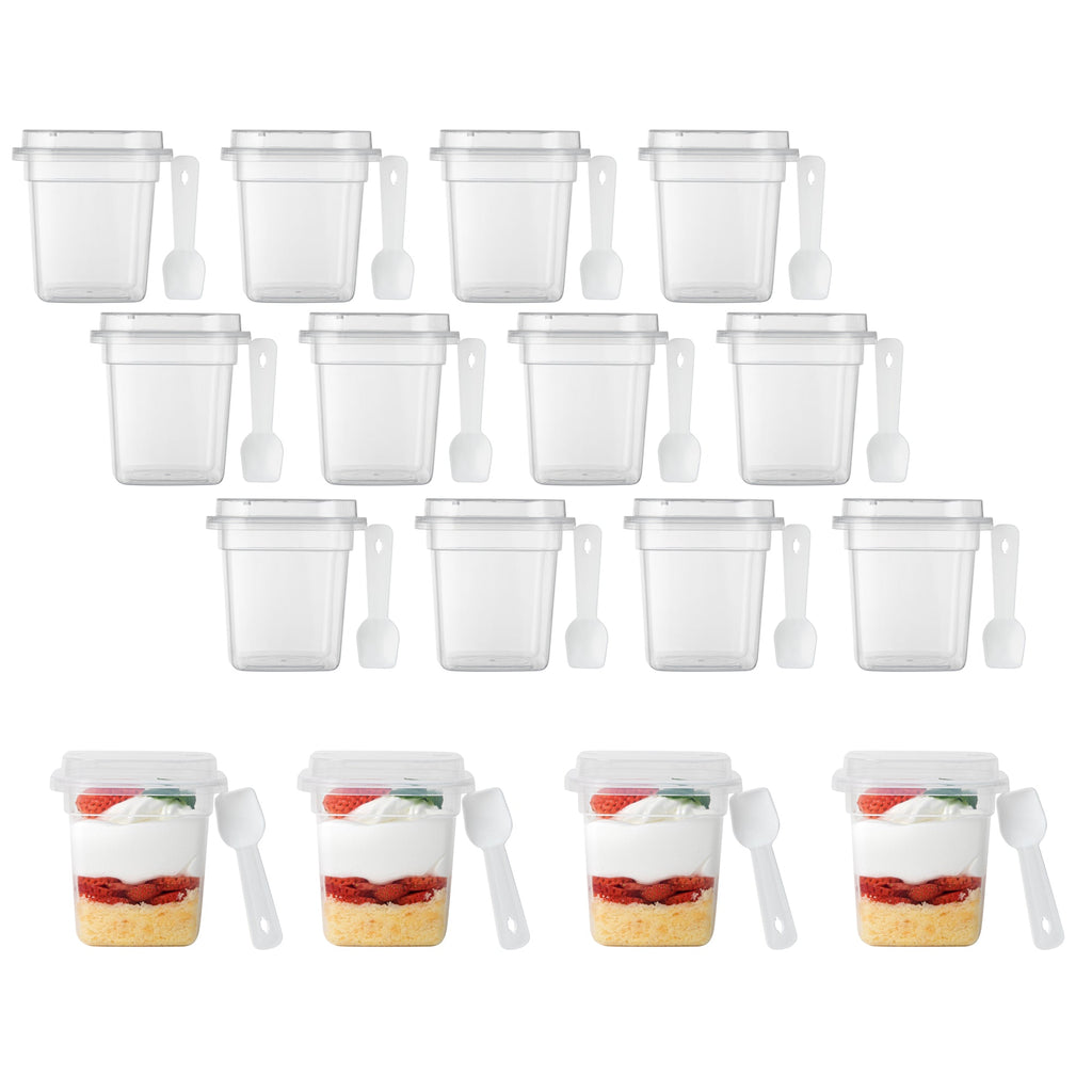 Mini Serve 7 oz Square Clear Plastic Dessert Cup - with Lid and Spoon - 3 1/4'' x 3 1/4'' x 3 1/2'' - 100 count box