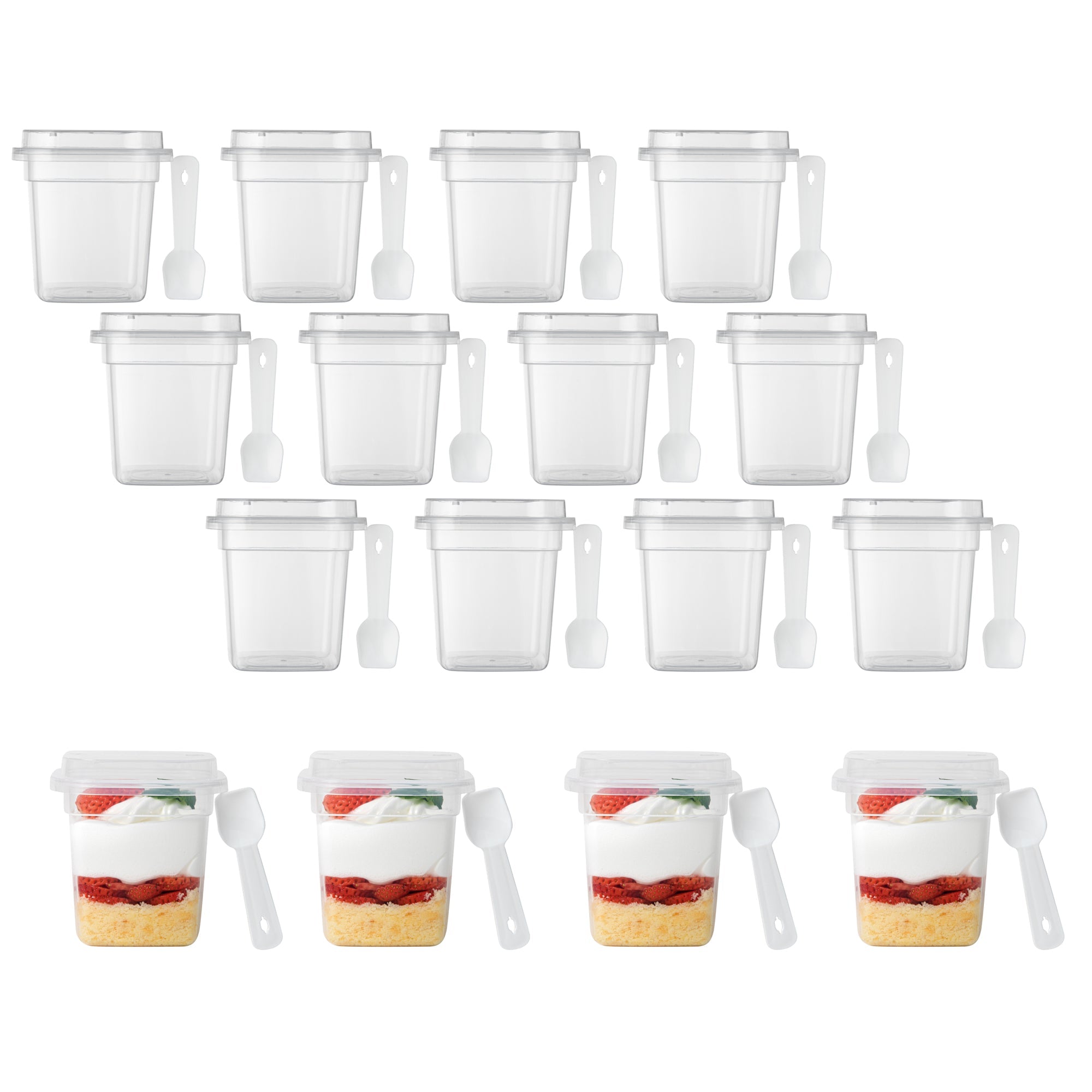Mini Serve 7 oz Square Clear Plastic Dessert Cup - with Lid and Spoon - 3 1/4'' x 3 1/4'' x 3 1/2'' - 100 count box