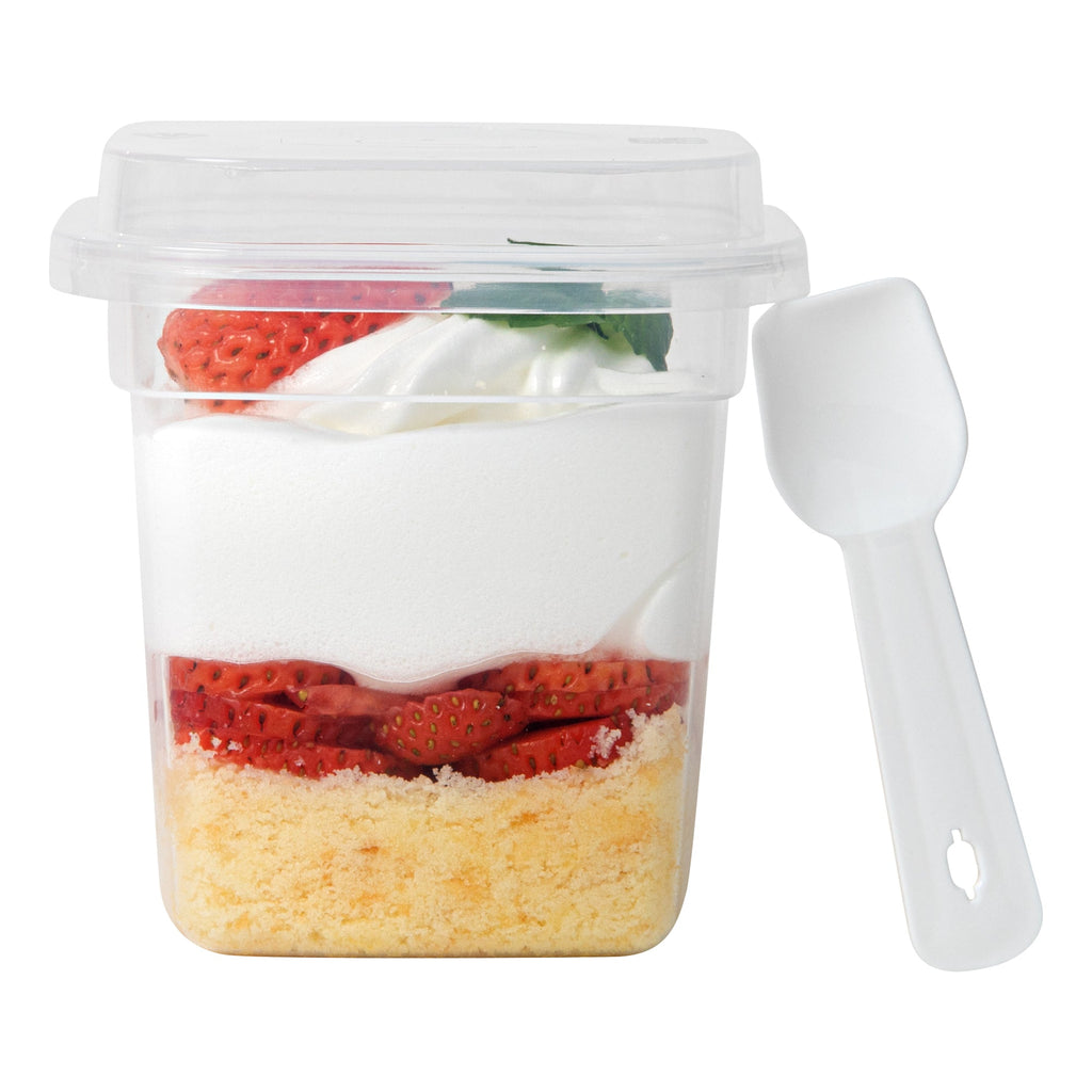 Mini Serve 7 oz Square Clear Plastic Dessert Cup - with Lid and Spoon - 3 1/4'' x 3 1/4'' x 3 1/2'' - 25 count box