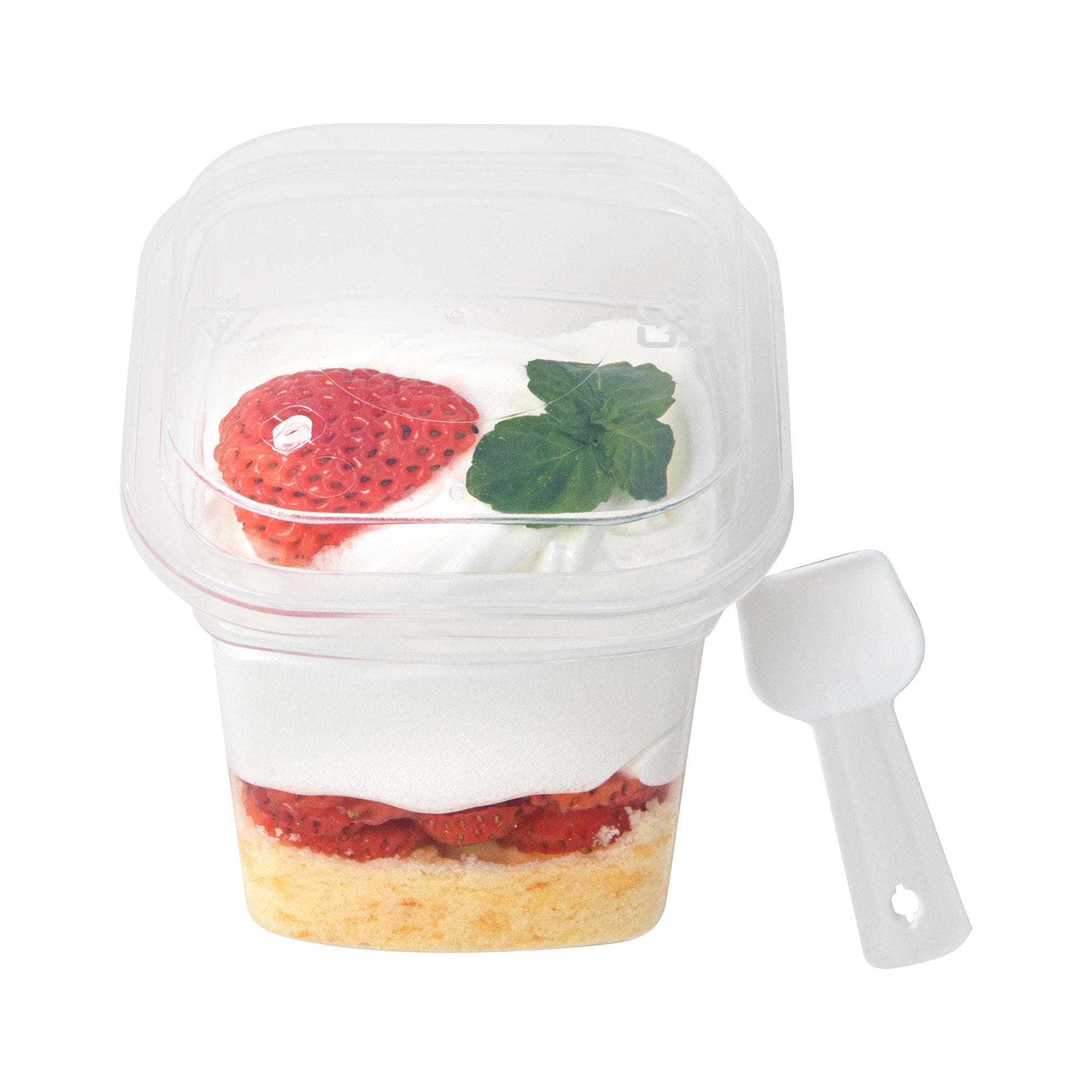 Mini Serve 7 oz Square Clear Plastic Dessert Cup - with Lid and Spoon - 3 1/4'' x 3 1/4'' x 3 1/2'' - 25 count box