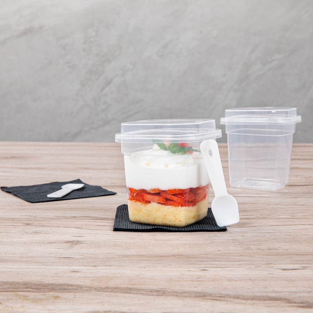 Mini Serve 7 oz Square Clear Plastic Dessert Cup - with Lid and Spoon - 3 1/4'' x 3 1/4'' x 3 1/2'' - 25 count box