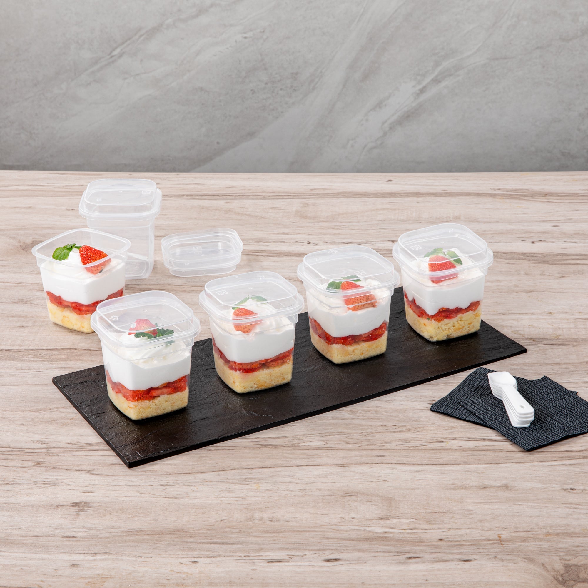 Mini Serve 7 oz Square Clear Plastic Dessert Cup - with Lid and Spoon - 3 1/4'' x 3 1/4'' x 3 1/2'' - 25 count box