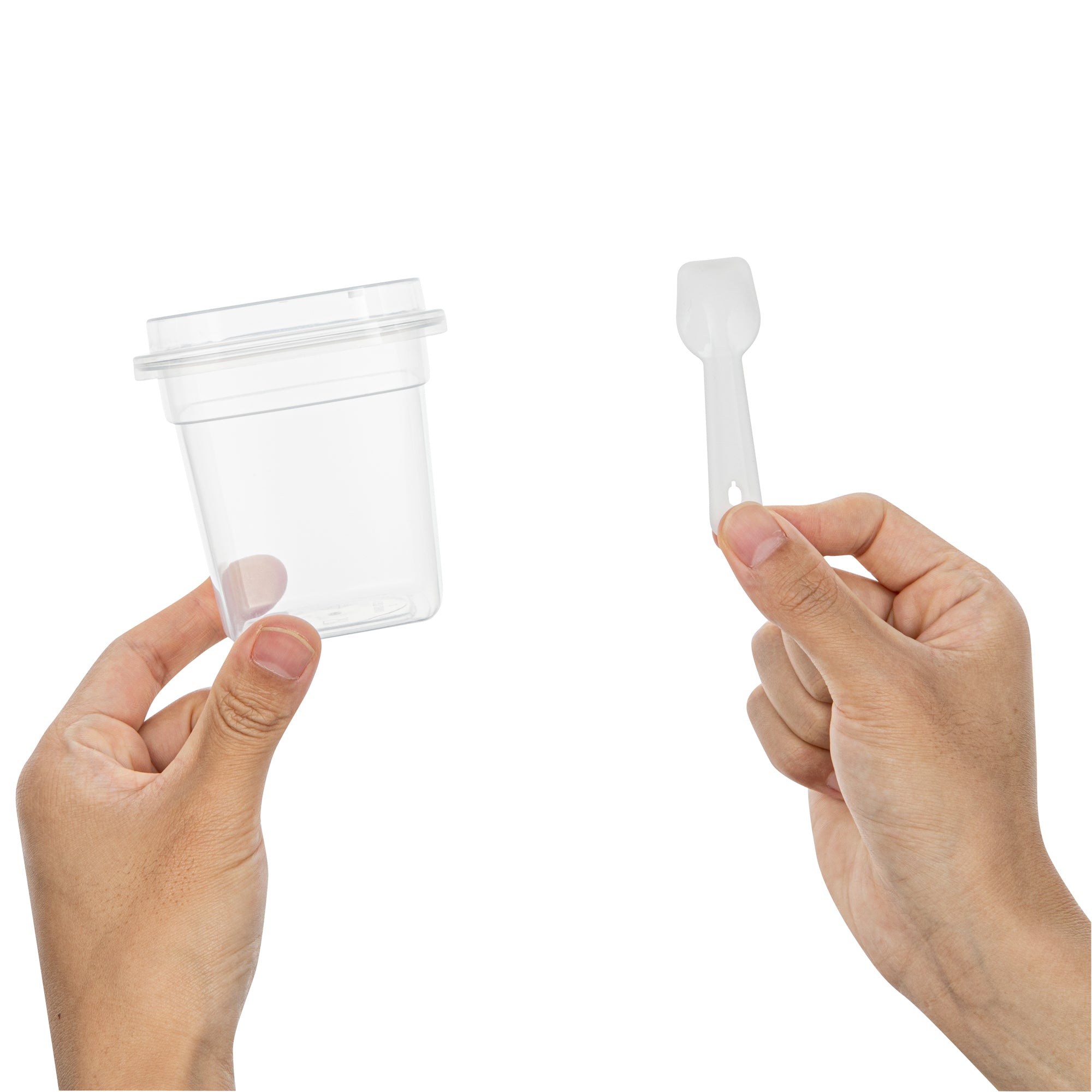 Mini Serve 7 oz Square Clear Plastic Dessert Cup - with Lid and Spoon - 3 1/4'' x 3 1/4'' x 3 1/2'' - 100 count box