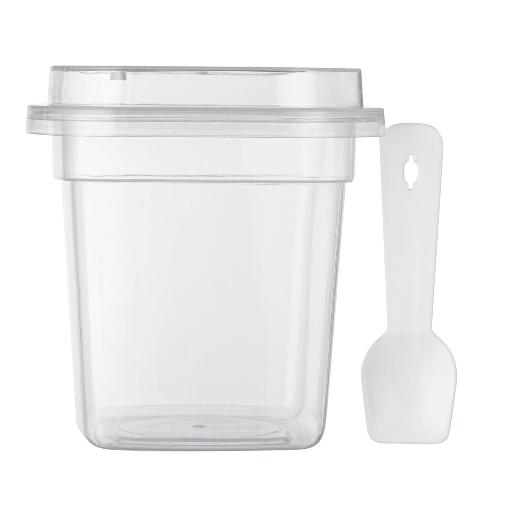 Mini Serve 7 oz Square Clear Plastic Dessert Cup - with Lid and Spoon - 3 1/4'' x 3 1/4'' x 3 1/2'' - 100 count box