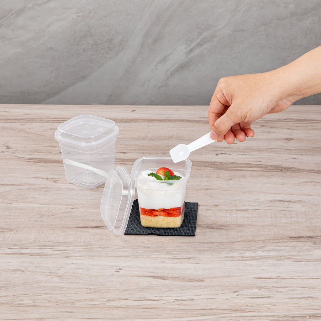 Mini Serve 7 oz Square Clear Plastic Dessert Cup - with Lid and Spoon - 3 1/4'' x 3 1/4'' x 3 1/2'' - 100 count box